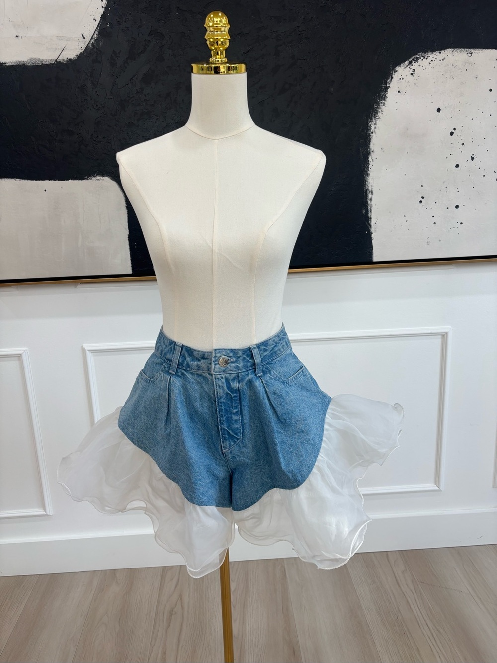 Denim & Organza Layered Women’s Shorts - Blue
